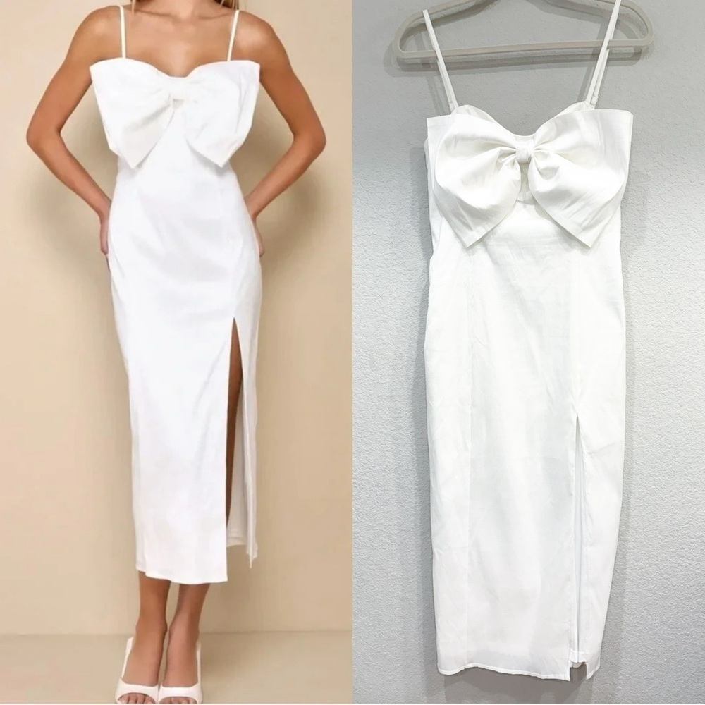NWOT Lulus Dress Statement Sweetie White Taffeta Sleeveless Bow Midi Dress